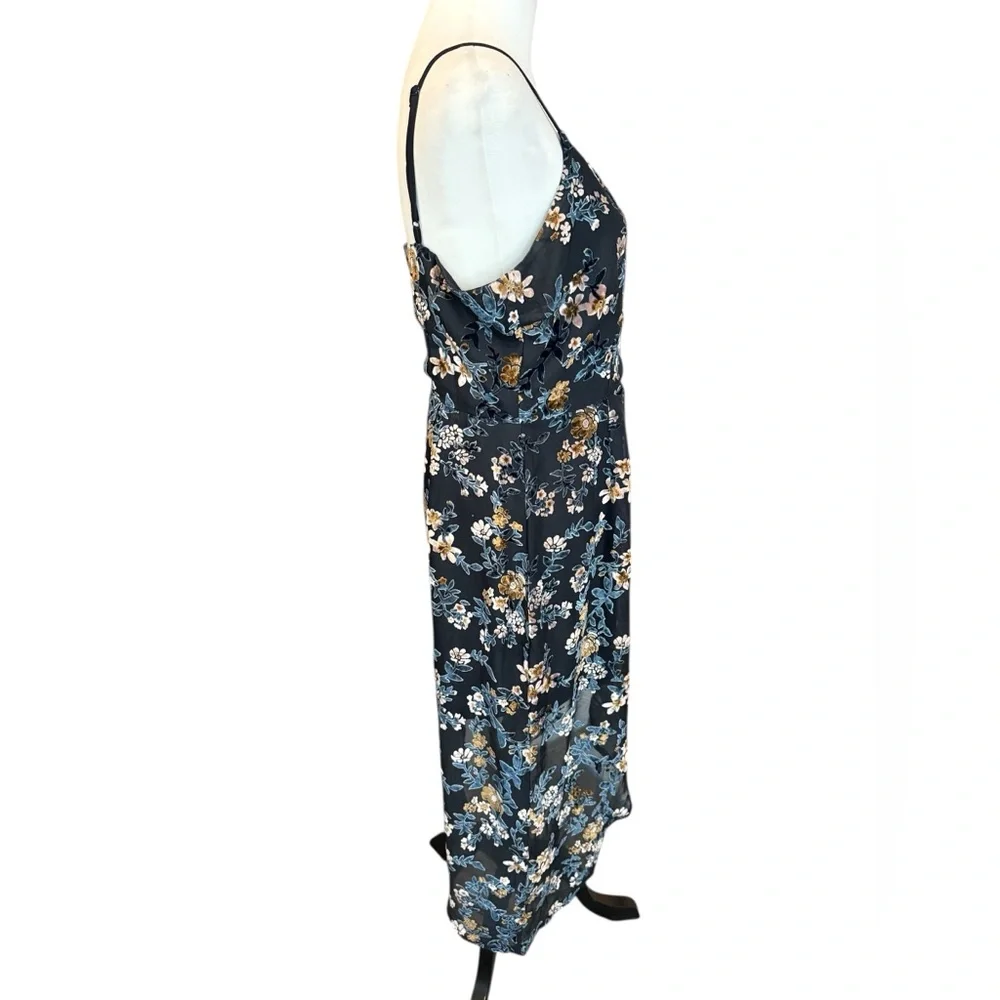 Lulu’s Evenings with You Dark Teal Floral Velvet Asymmetrical Dress sz Large